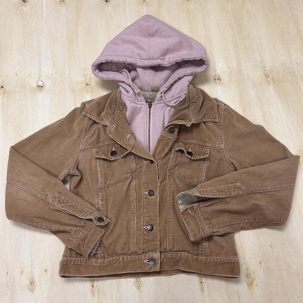 Y2K Corduroy Jacket Womens Medium Brown Hooded Pink Lined Button Front Full Zip